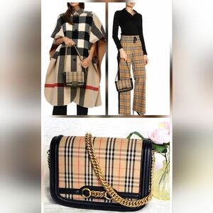 Auth💞 Burberry Link Flap Bag Knight Check Canvas